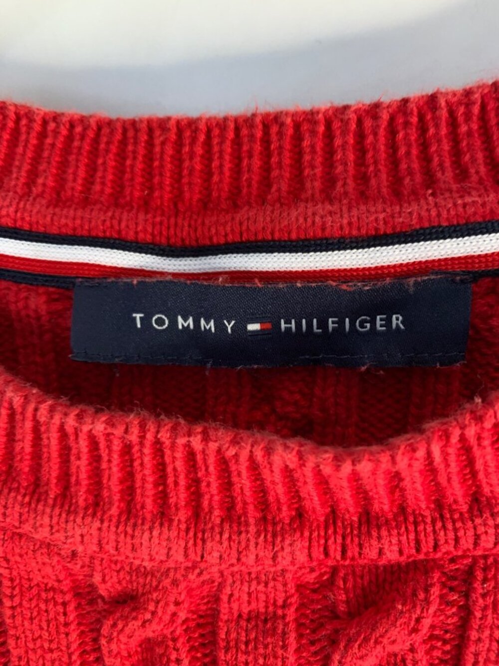 Womens Tommy Hilfiger Red Cable Knit Sweater M Crew Flag Cotton Long Sleeve - Picture 6 of 8